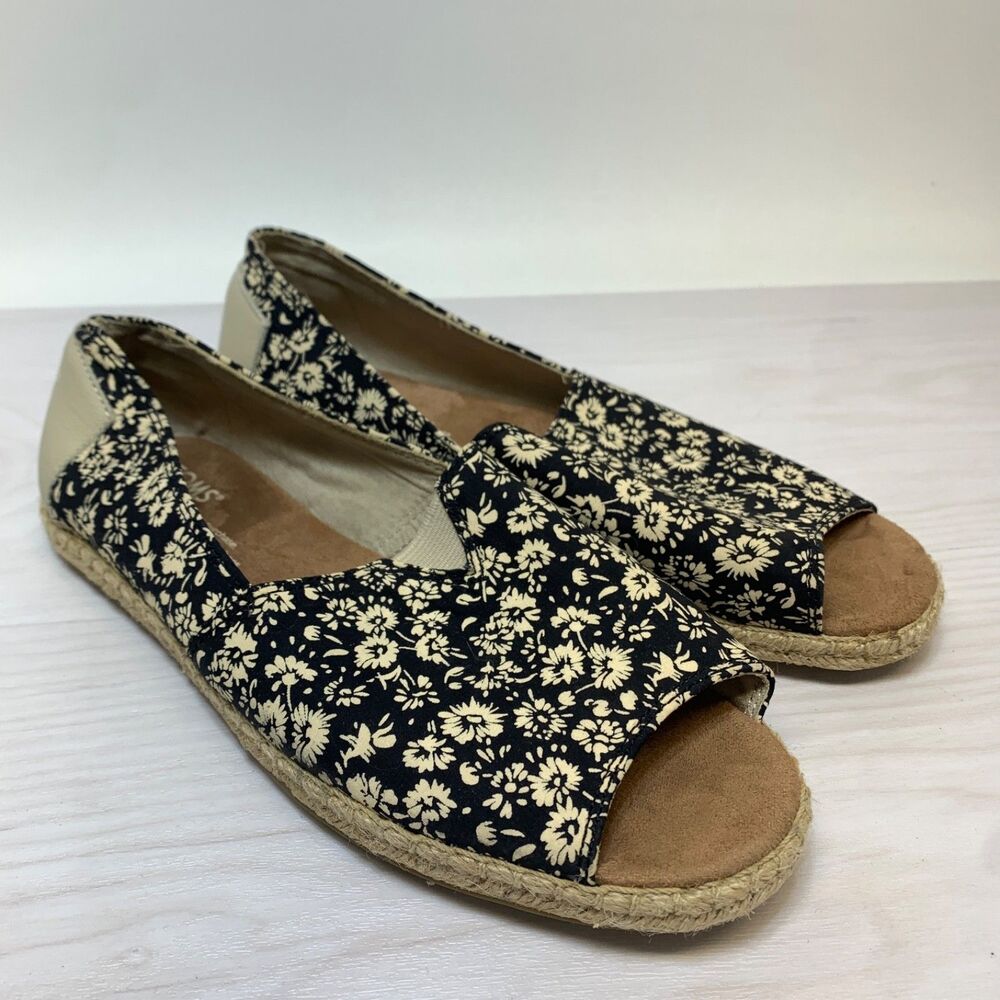 TOM'S ALPARGATA OPEN TOE BLACK TEXTILE FLORAL WOMENS SIZE 7.5 SANDALS